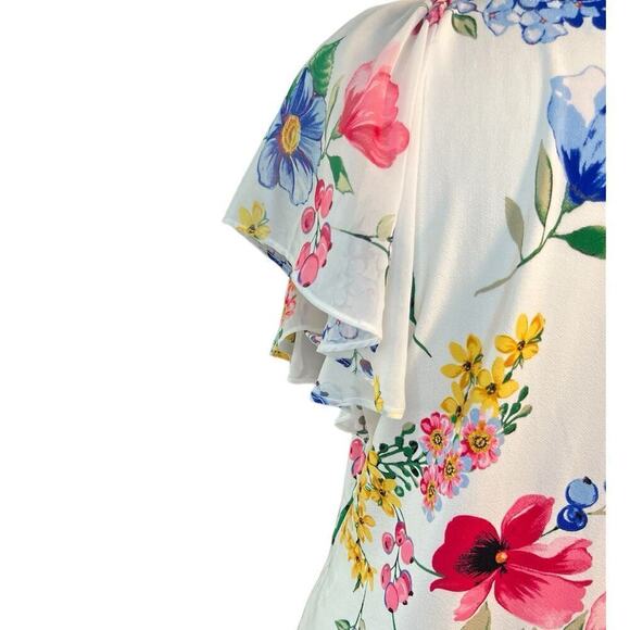 New York & Company Floral Blouse, V Tie Neck, Flutter Sleeve, size Medium - Picture 11 of 12